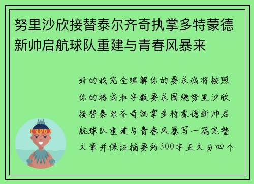 努里沙欣接替泰尔齐奇执掌多特蒙德新帅启航球队重建与青春风暴来